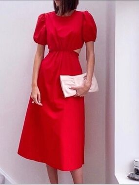Zara Red Backless Poplin Puff-Sleeve Midi Dress XS